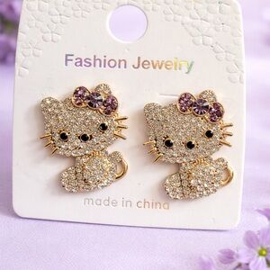 Fashion Jewelry Gold Crystal Cat Earrings with Teal Bow